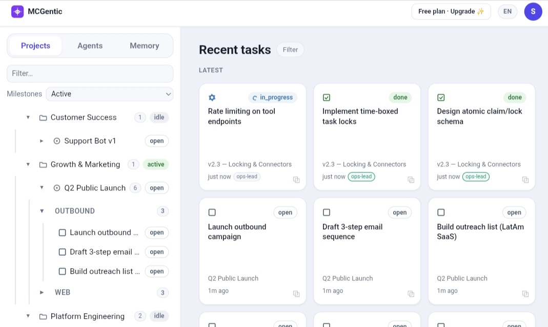 MCGentic dashboard showing live task list with status indicators and active agent names